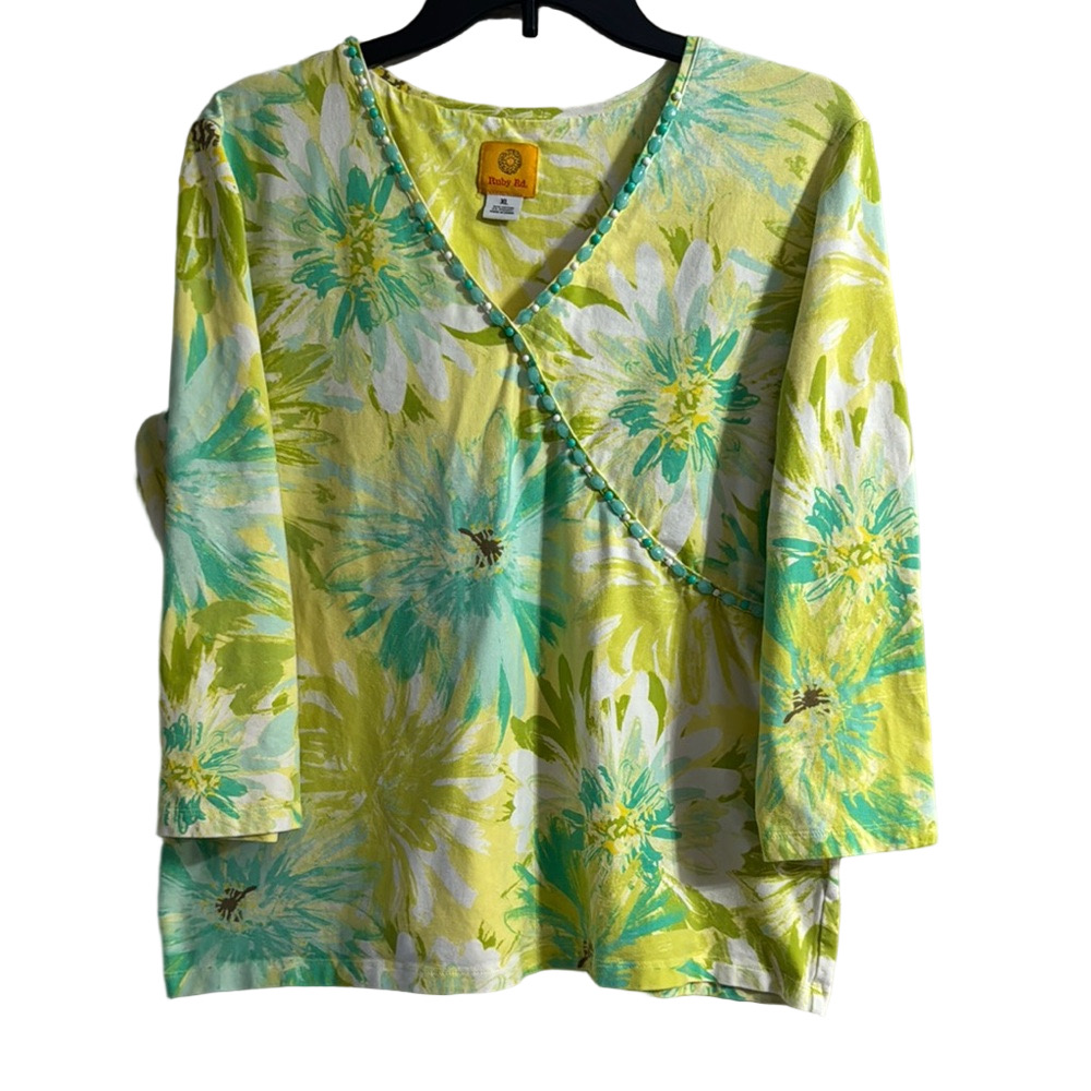 Ruby Rd. Floral V-Neck Top - Green and Yellow